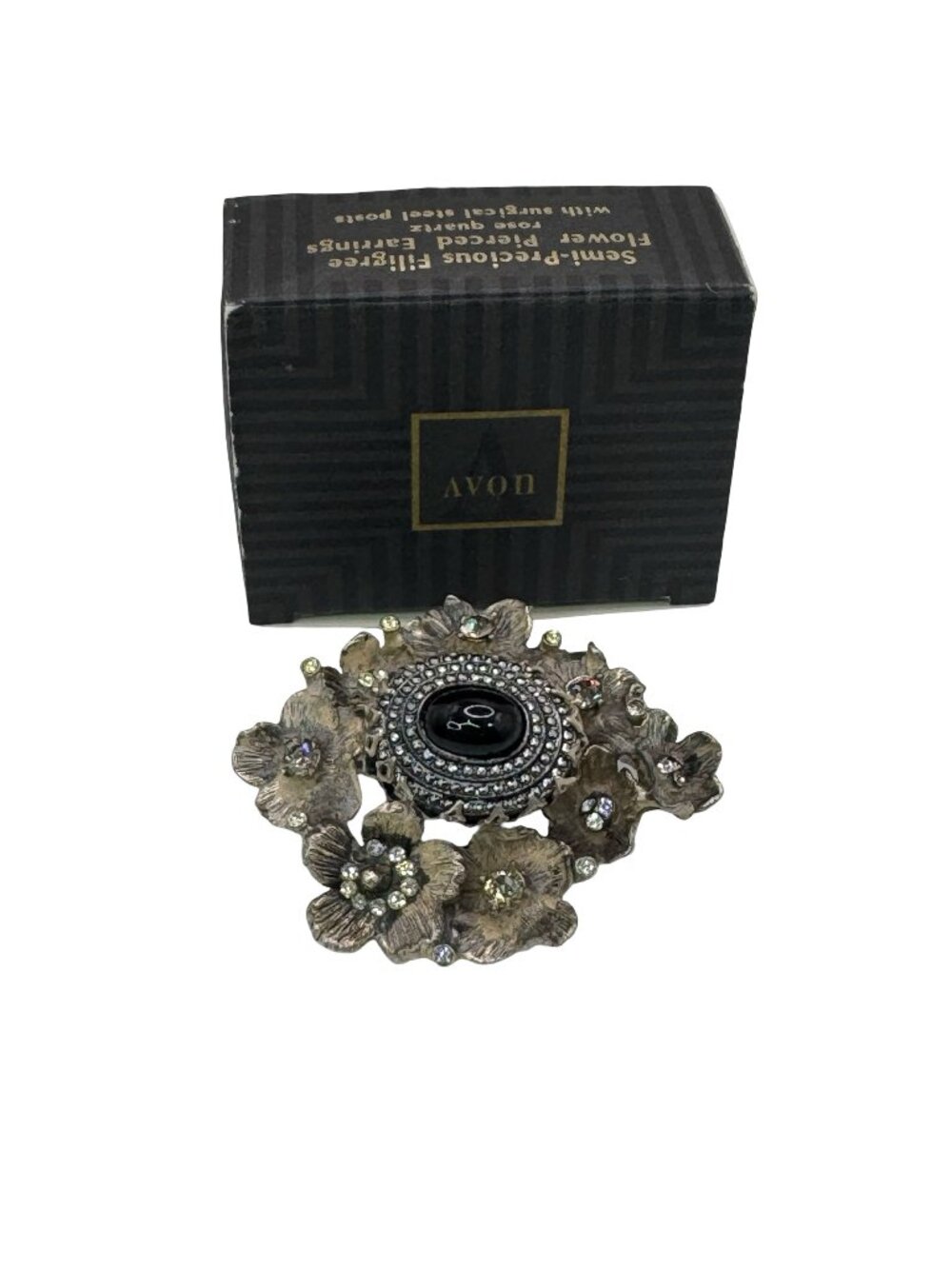 Rare DeNicola Vintage Flower Brooch 3d Black Cabochon & Rhinestones 2” Art Deco